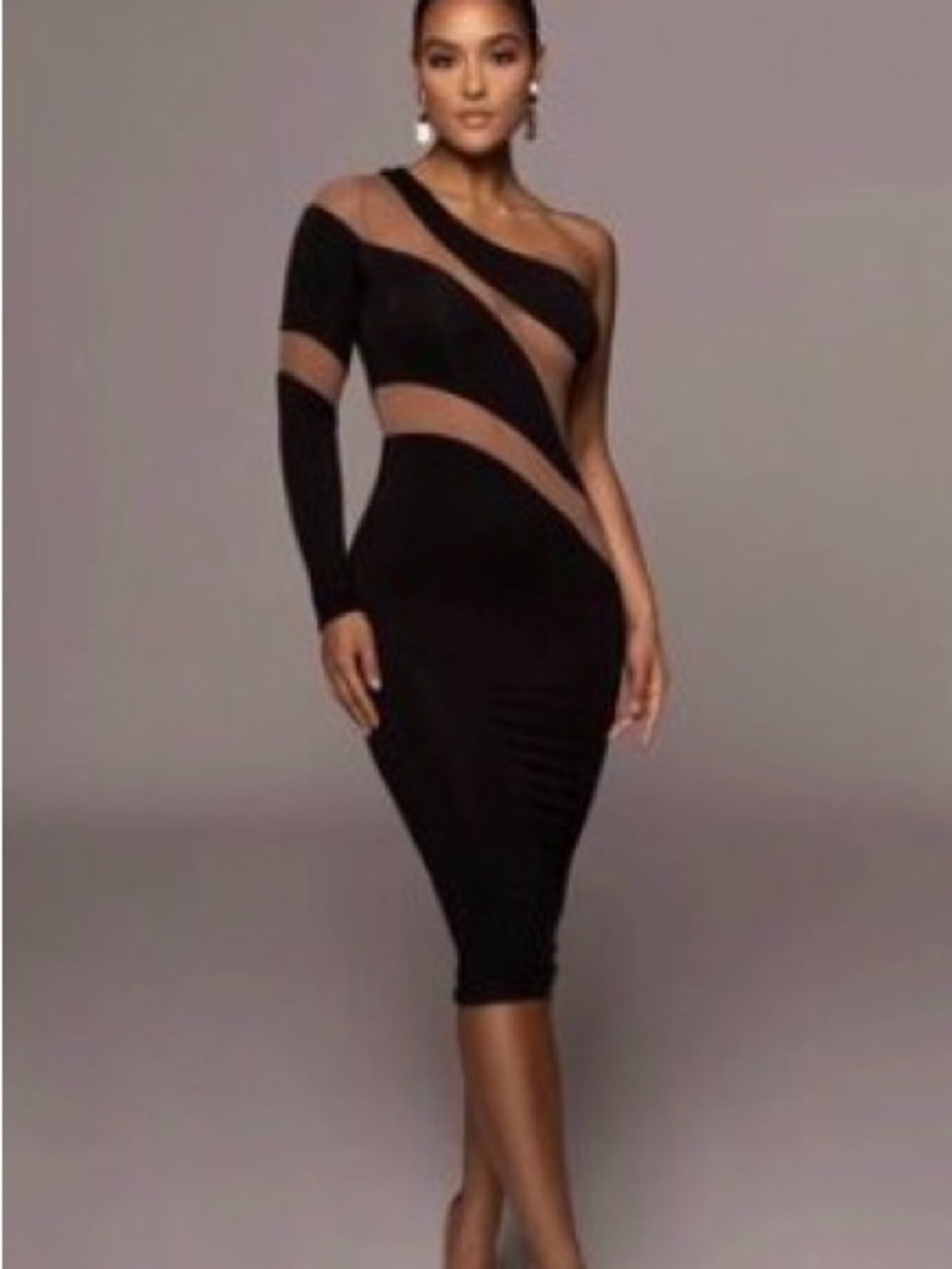 JLUXLABEL Black and Tan Asymmetric One-Shoulder Dress